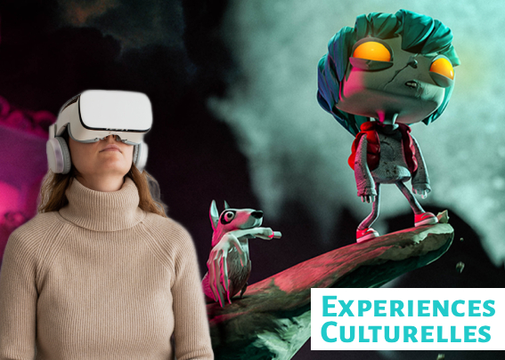Une femme portant un casque de réalité virtuelle est immergée dans une expérience culturelle, face à un univers fantastique avec deux personnages stylisés et colorés, éclairés par une ambiance artistique et mystérieuse. Le texte « Expériences culturelle » apparaît en bas de l’image.